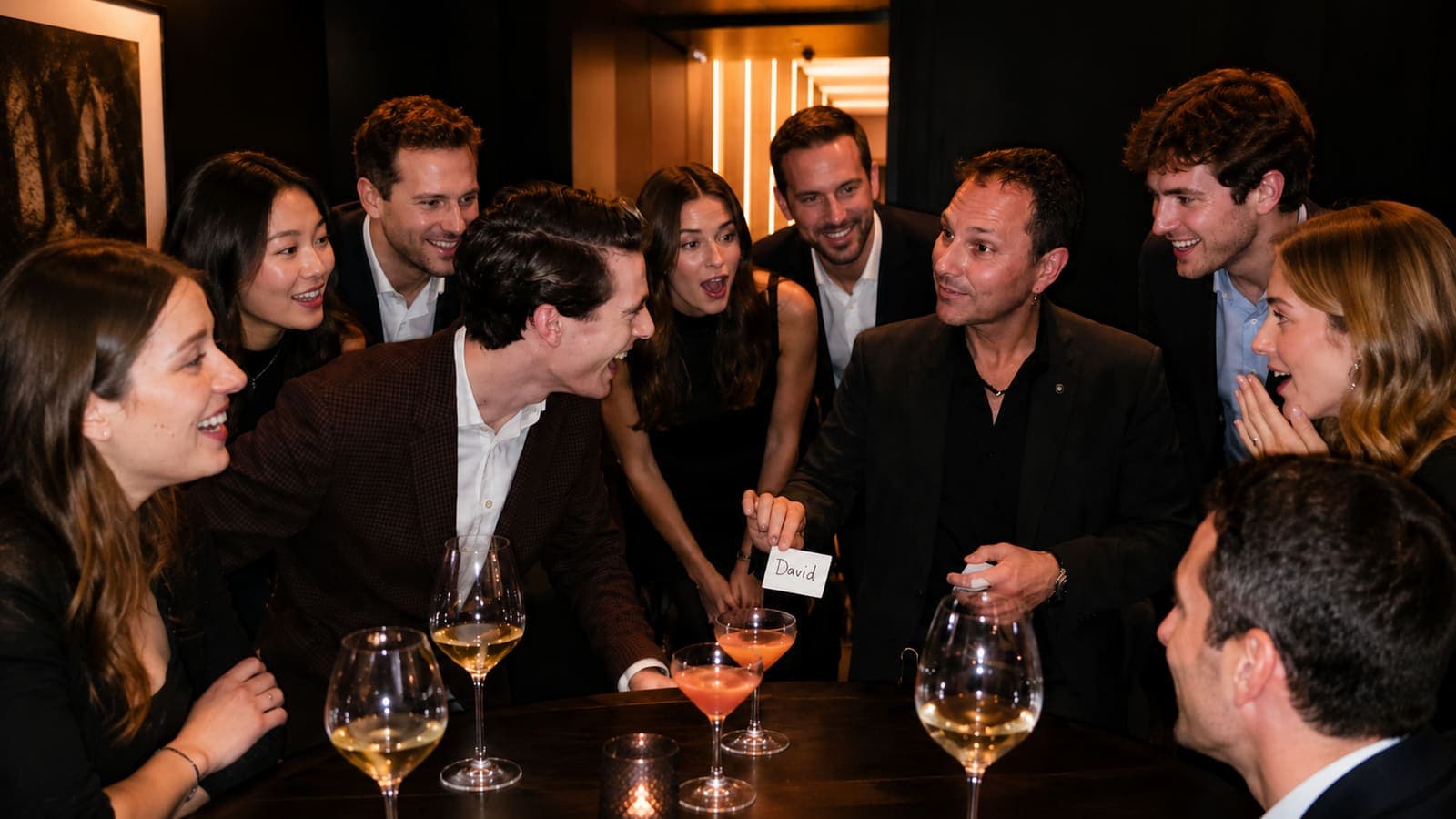 Guests reacting to a close-up performance at a VIP reception in New York