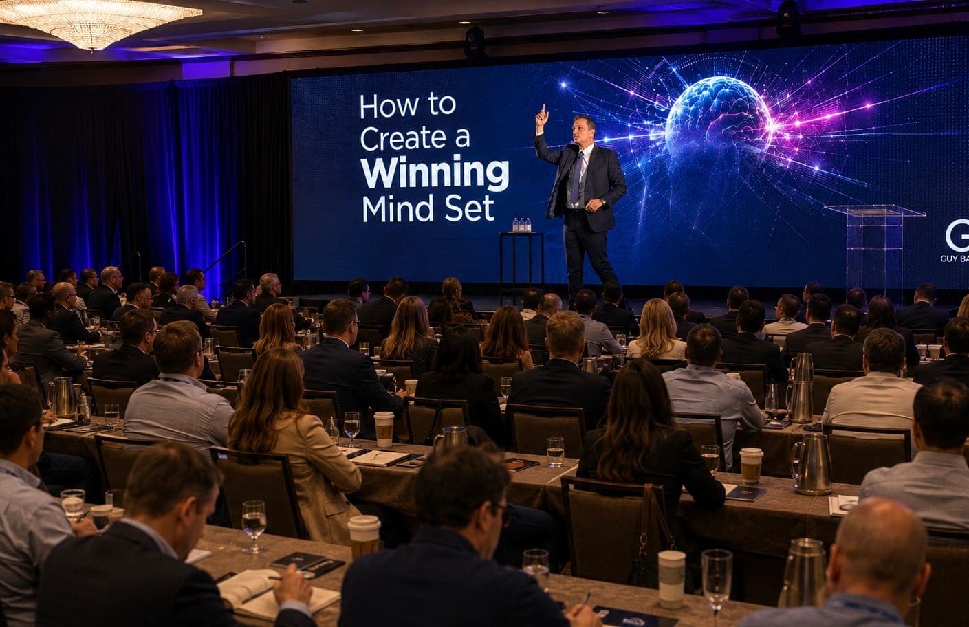 Guy Bavli delivering the Winning Mindset keynote to a full ballroom